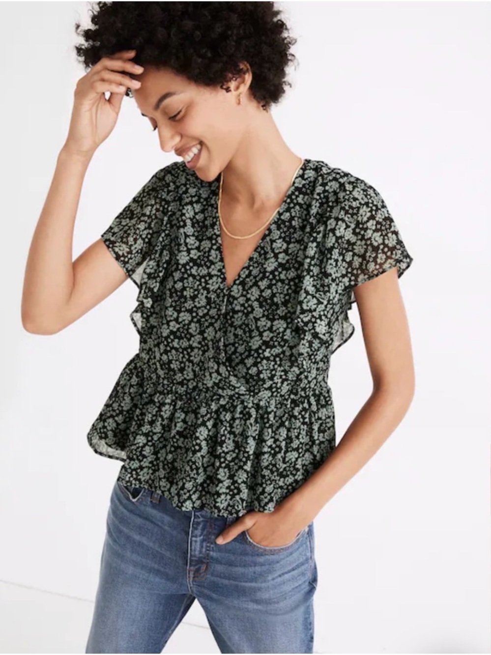 Madewell Georgette Ruffle-Sleeve Peplum Top in Fleur Field